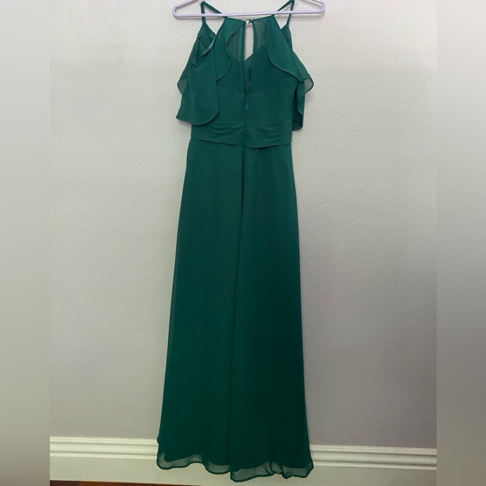 Azazie Dakota Emerald A-line V-neck pleated chiffon dress Cold Shoulder - Picture 3 of 7